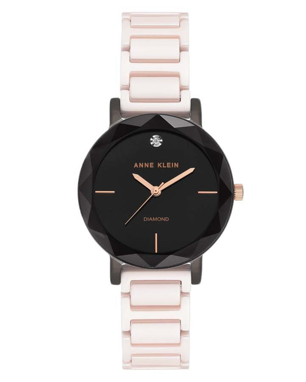 Anne Klein Diamond Black Dial Blush Pink Ceramic Ladies Watch #3365GYLP - Watches of America