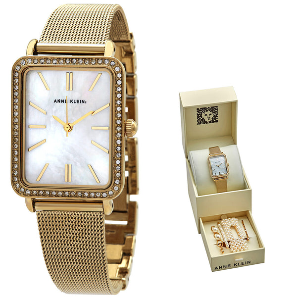 Anne Klein Quartz Crystal Mother of Pearl Dial Ladies Watch and Barrette Set #3642GBST - Watches of America