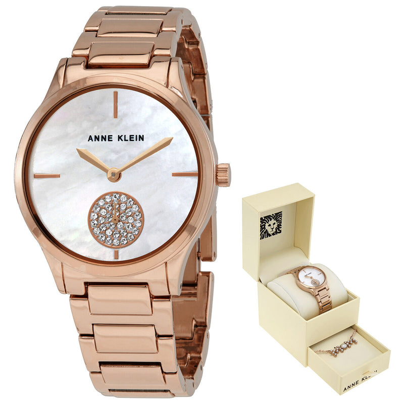 Anne Klein Quartz Mother of Pearl Dial Ladies Watch and Necklace Set #3674RGST - Watches of America