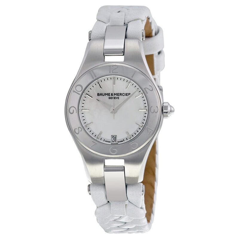 Baume and Mercier Linea Mother Pearl Stainless Steel White Leather Ladies Watch #10117 - Watches of America