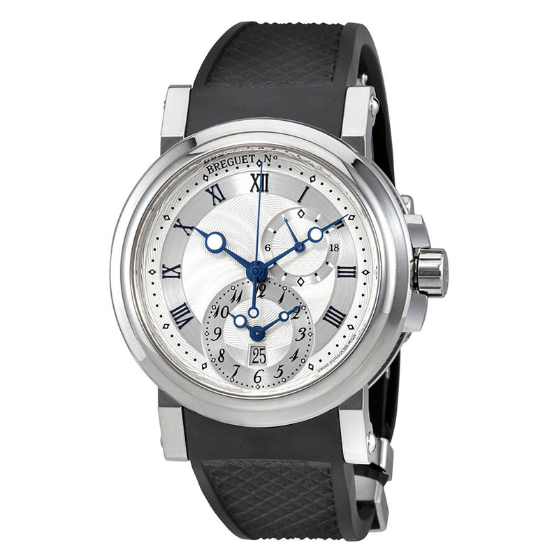 Breguet Marine Dual Time Silver Dial Black Rubber Men's Watch #5857ST/12/5ZU - Watches of America