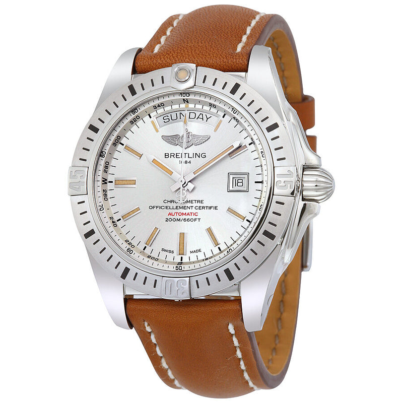 Breitling Galactic 44 Automatic Silver Dial Brown Leather Men's Watch A45320B9-G797CMLT#A45320B9-G797-433X-A20BA.1 - Watches of America