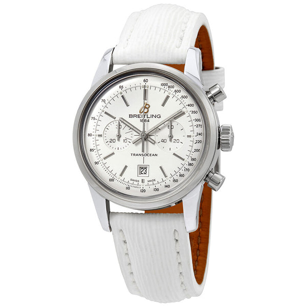 Breitling Transocean Automatic Silver Dial White Leather Watch A4131012/G757-237X#A4131012/G757-237XS-A18BA.1 - Watches of America