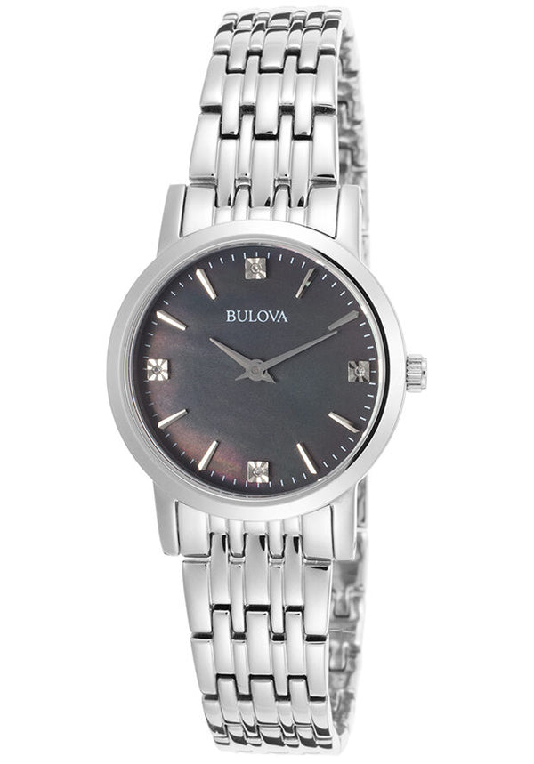 Bulova Diamond Black Dial Stainless Steel Ladies Watch #96P148 - Watches of America