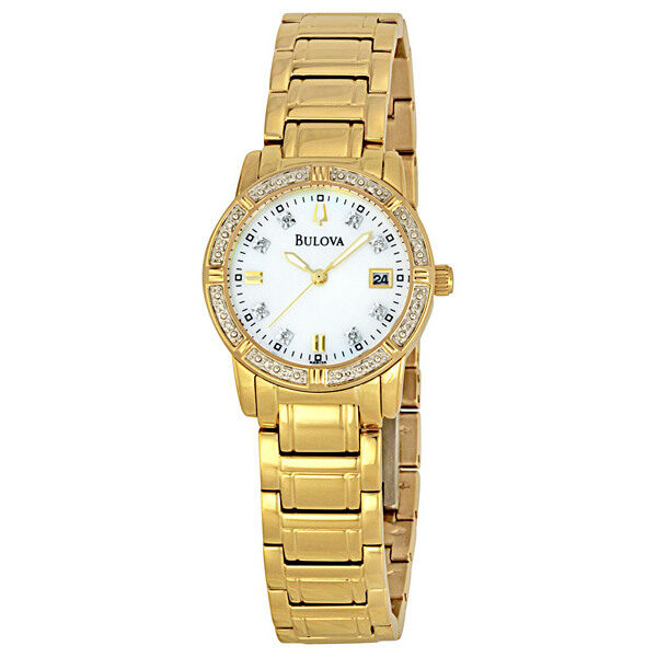 Bulova Diamonds Quartz White Mother of Pearl Dial Ladies Watch #98R135 - Watches of America