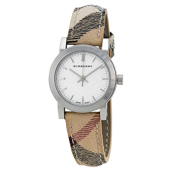 Burberry Reloj de mujer con correa de tela a cuadros y esfera plateada Watches of America