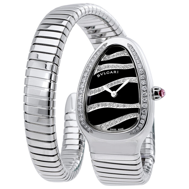 Bvlgari Serpenti Tubogas Black Dial Steel Diamond Ladies Watch #102440 - Watches of America