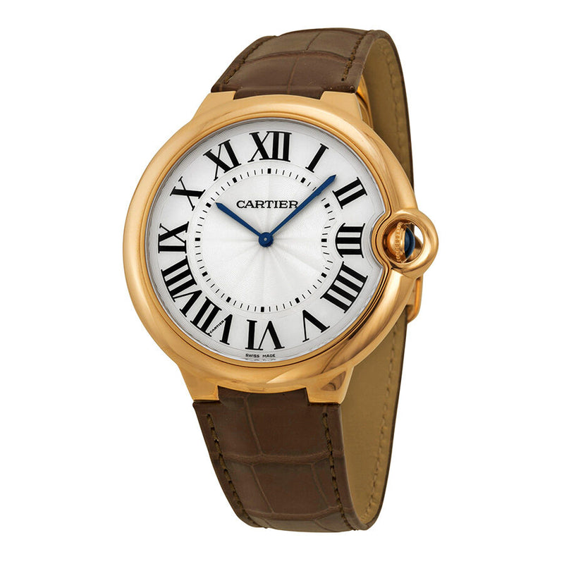 Cartier Ballon Bleu Extra Large Silver Dial 18kt Rose Gold Leather Men's Watch #W6920054 - Watches of America