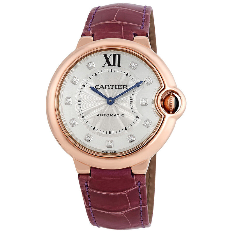 Cartier Ballon Bleu Silver Dial 18kt Rose Gold Purple Leather Unisex Watch #WE902028 - Watches of America