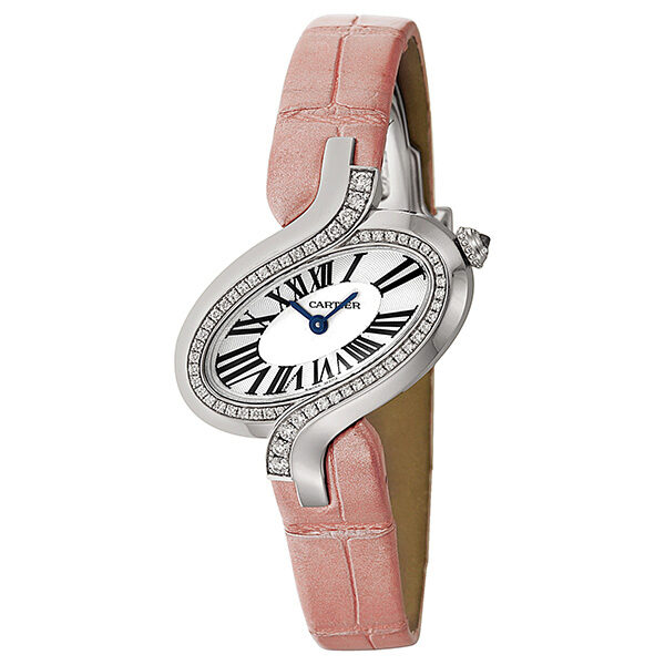 Cartier Delices Silver Dial 18kt White Gold Diamond Pink Leather Ladies Watch WG#WG800014 - Watches of America