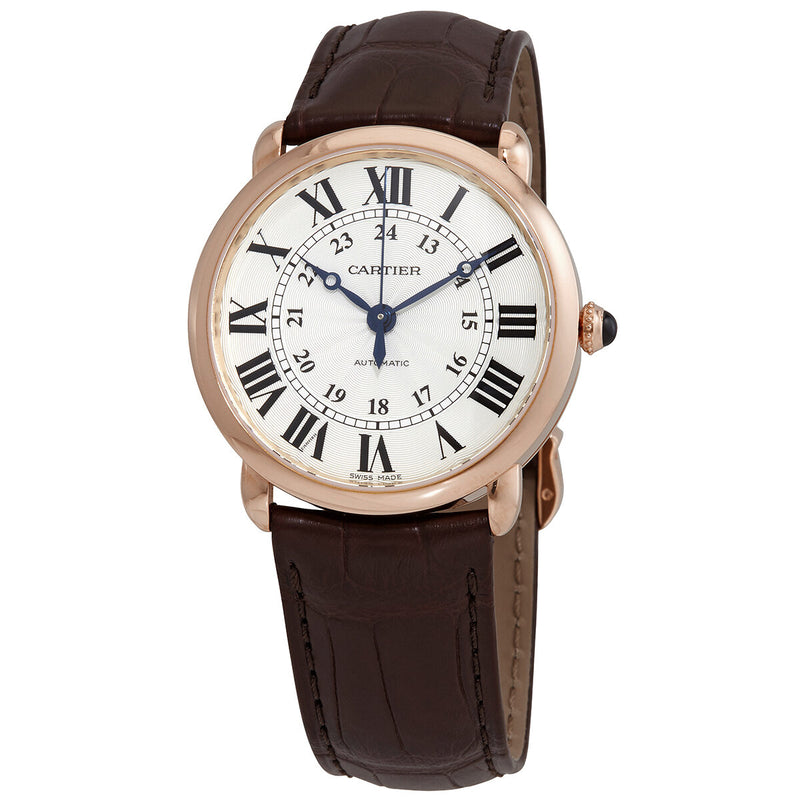 Cartier Ronde 18kt Rose Gold Automatic Silver Dial Brown Leather Men's Watch #WGRN0006 - Watches of America