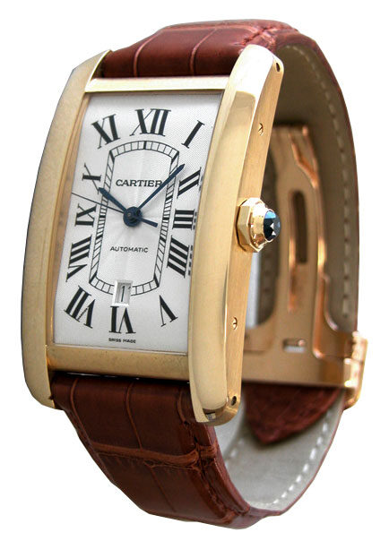 Cartier Tank Americaine Silver Dial 18kt Yellow Gold Brown Leather Men's Watch #W2609756 - Watches of America