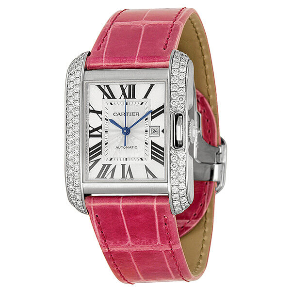 Cartier Tank Anglaise Large 18k White Gold Diamond Bezel Pink Leather Watch #WT100018 - Watches of America