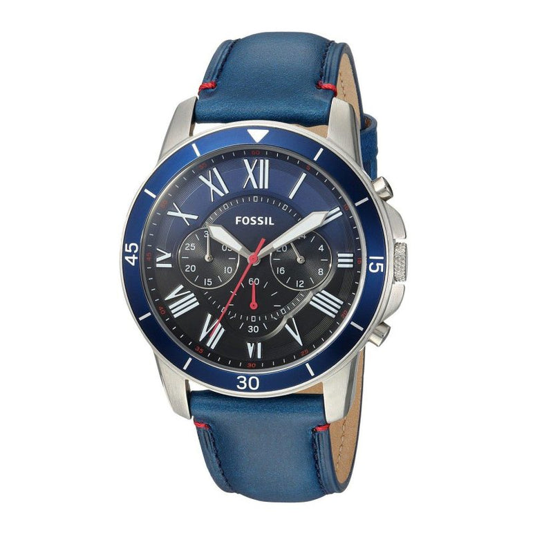 Fossil grant sport chronograph blue leather watch online