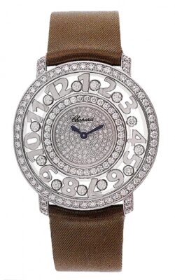 Chopard Happy Diamonds Pave Dial 18kt White Gold Brown Leather Ladies Watch #207227-1001 - Watches of America