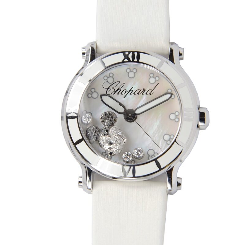 Chopard Happy Sport Diamond Mickey Mouse Mother Of Pearl Dial White Satin Ladies Watch #288524-3004 - Watches of America