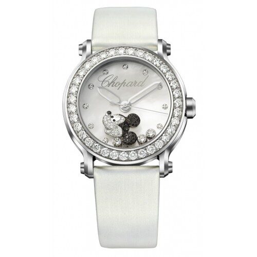 Chopard Happy Sport Diamond Mickey Mouse Silver Dial White Satin Ladies Watch #288524-3005 - Watches of America