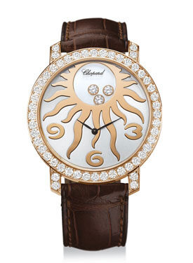 Chopard Happy Sun Diamond 18 kt Rose Gold Sun Brown Leather Ladies Watch #207470-5007 - Watches of America