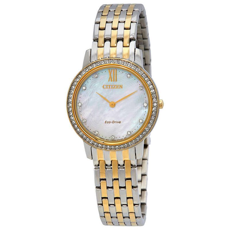 Popular Citizen Women's Watch FE7042-07D Eco Drive Mother of Pearl Dial Gold Black Band