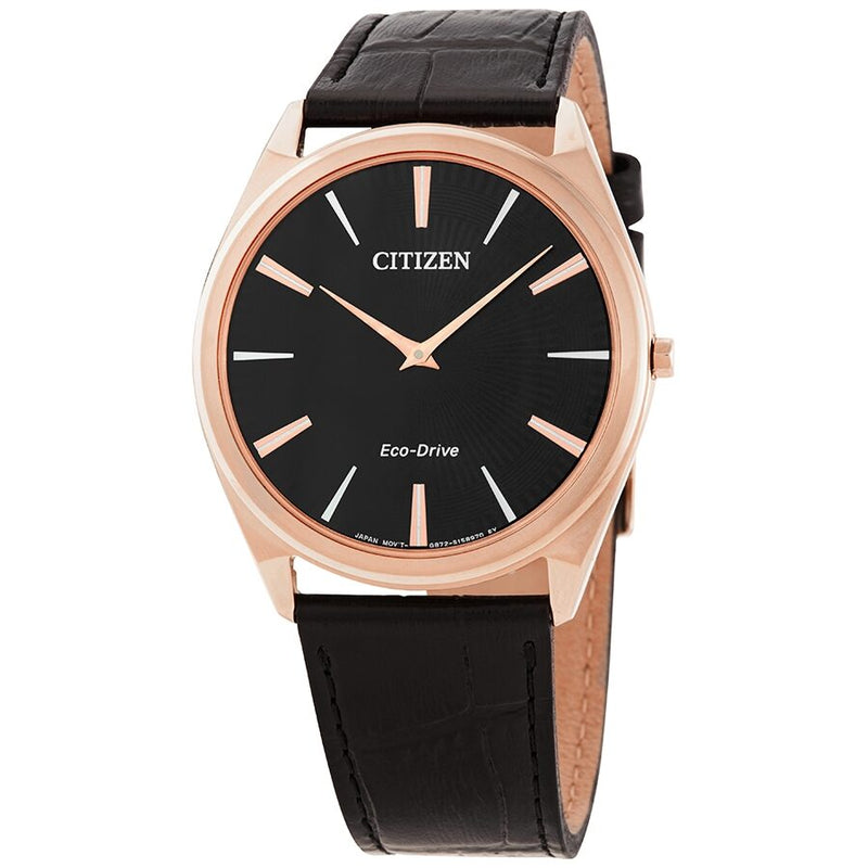 Citizen Stiletto Black Guilloche Dial Black Leather Men's Watch #AR3073-06E - Watches of America