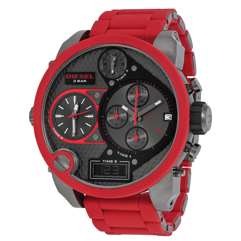 Diesel Daddies Series Chronograph Grey Four Time Zone Dial Red Silicone Men's Watch  DZ7279 - Watches of America