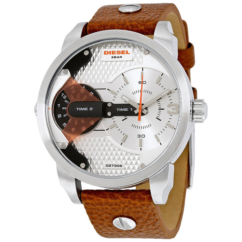 Diesel Mini Daddy Silver Dial Brown Leather Men's Watch #DZ7309 - Watches of America