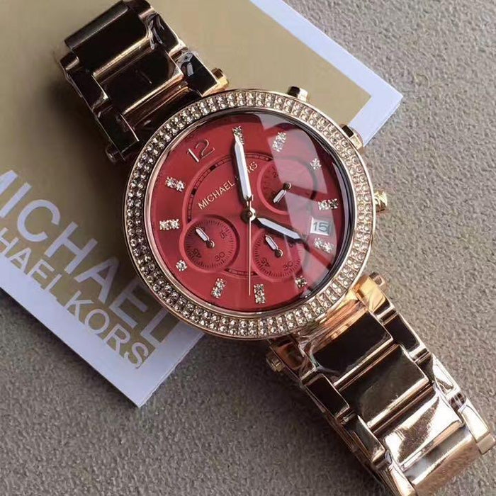 Michael Kors Parker Chronograph Red Dial Rose Gold Ladies Watch MK6106 Watches of America