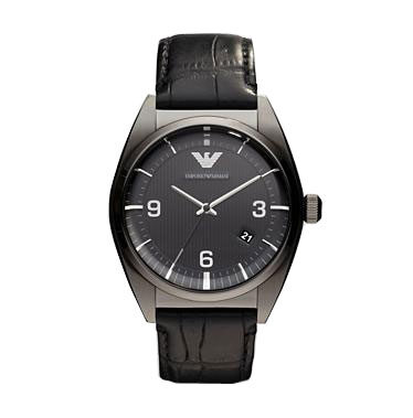 Emporio Armani Classic Black Dial Black Calfskin Leather Quartz Men's Watch #AR0368 - Watches of America