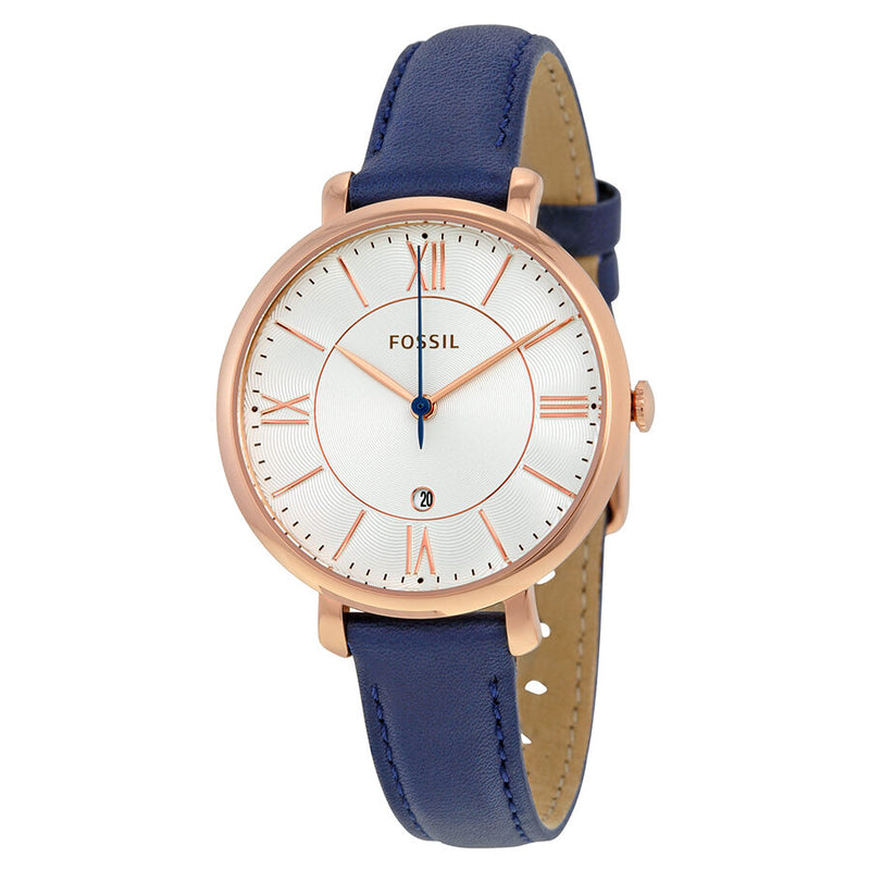 Fossil Jacqueline Silver Dial Navy Leather Quartz Ladies Watch #ES3843 - Watches of America