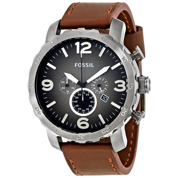 Fossil Nate Chronograph Grey Dial Brown Leather Men's Watch JR1424 - Watches of America