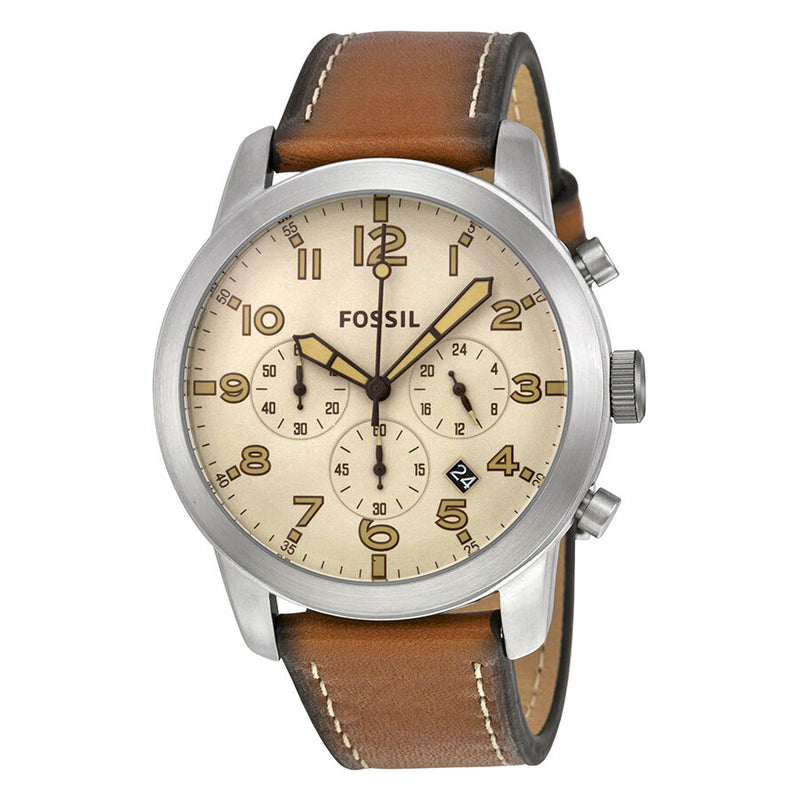 Fossil Pilot 54 Beige Dial Chronograph Leather Strap Men's Watch FS5144 - Watches of America