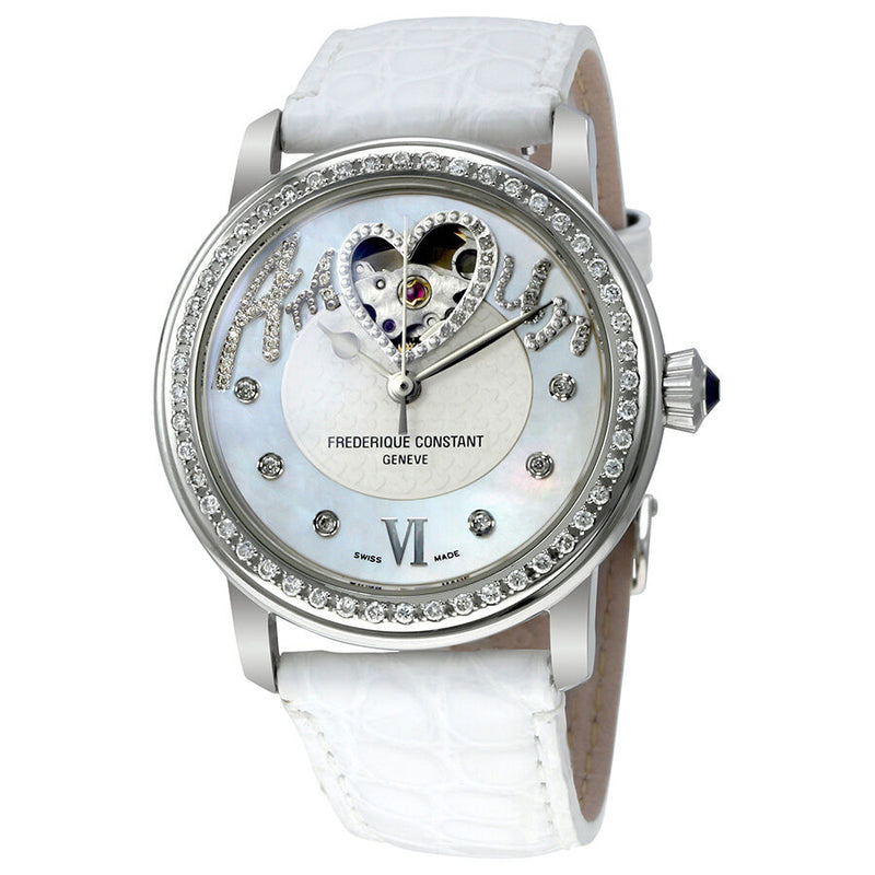 Frederique Constant Heart Beat Automatic Mother of Pearl Dial White Leather Ladies Watch #FC-310SQ2PD6 - Watches of America