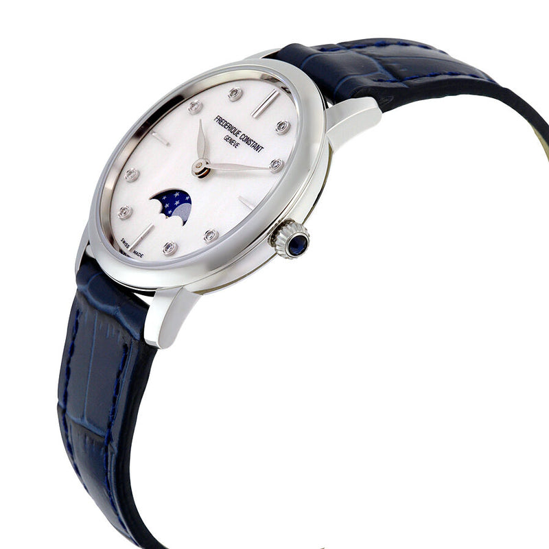 Frederique Constant Slimline Moonphase Mother of Pearl Dial Diamond Blue Leather Ladies Watch #FC-206MPWD1S6 - Watches of America #2