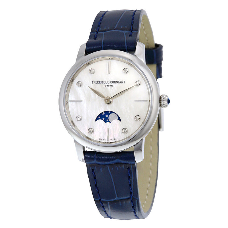 Frederique Constant Slimline Moonphase Mother of Pearl Dial Diamond Blue Leather Ladies Watch #FC-206MPWD1S6 - Watches of America