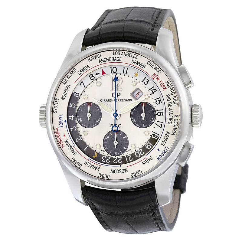 Girard Perregaux World Timer WW TC Chronograph Silver Dial Black Leather Men's Watch #49805-11-152-BA6A - Watches of America