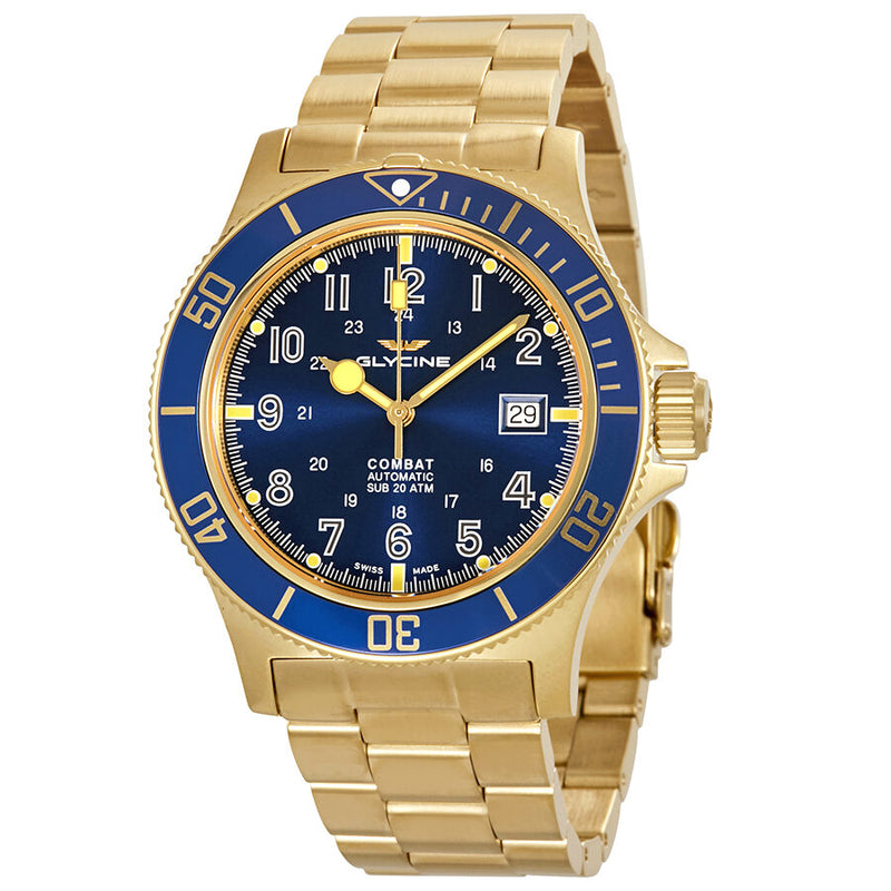 Glycine Combat Sub Automatic Blue Dial Yellow Gold-tone Men's Watch #GL0082 - Watches of America