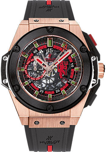 Hublot King Gold Skeleton Dial Chronograph Black Rubber Men's Watch 716OM1129RXMAN11#716.OM.1129.RX.MAN11 - Watches of America