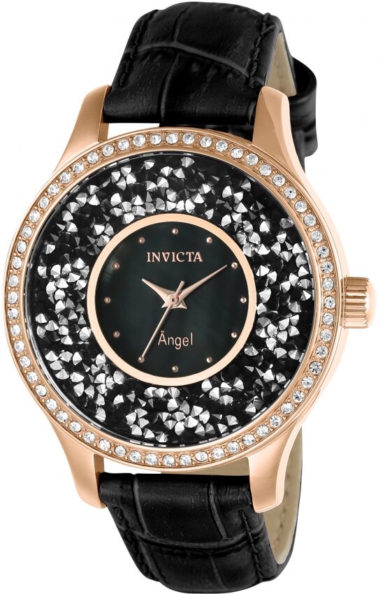 Invicta Angel Black Dial Black Leather Ladies Watch #24565 - Watches of America