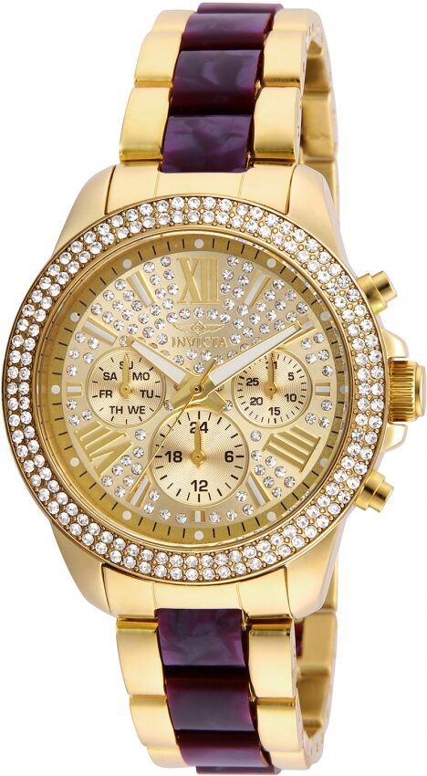 Invicta Angel Chronograph Crystal Pave Dial Gold-plated and Purple Resin Ladies Watch #20508 - Watches of America