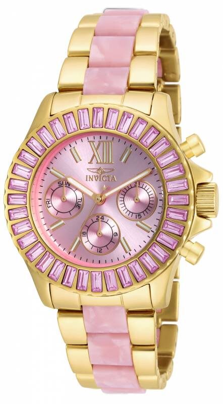 Invicta Angels Multi-Function Pink Dial Gold-plated and Pink Acetate Ladies Watch #17493 - Watches of America