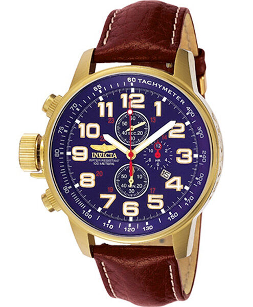 Invicta Force Chronograph Blue Dial Brown Leather Men's Watch #3329 - Watches of America