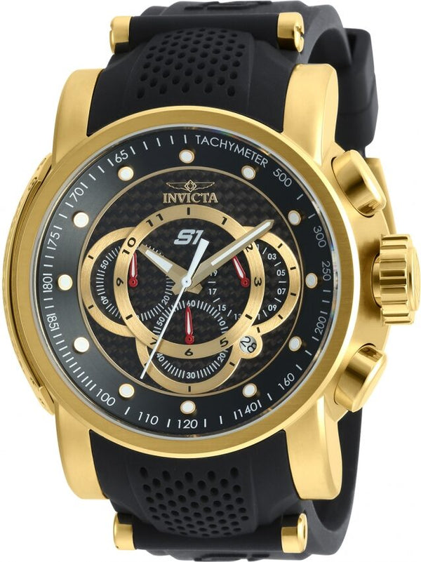 Invicta S1 Rally Chronograph Black Carbon Fiber Dial Gold-plated and Black Polyurethane Men's Watch #19327 - Watches of America