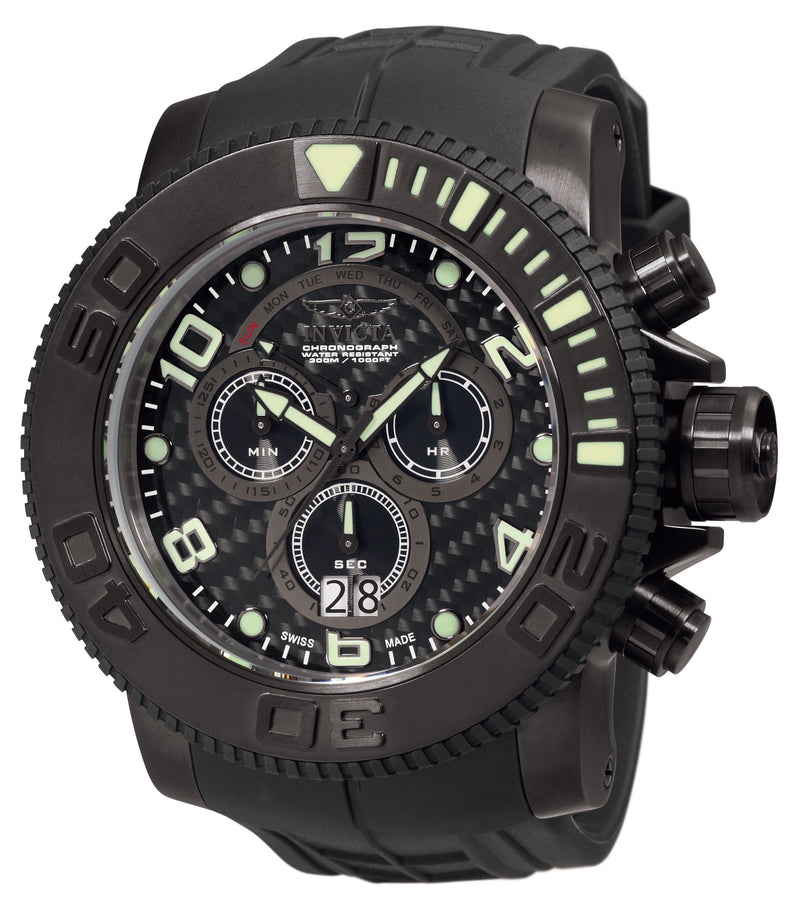 Invicta Sea Hunter Black Carbon Fiber Dial Black PVD Rubber Chronograph Men's Watch #0414 - Watches of America