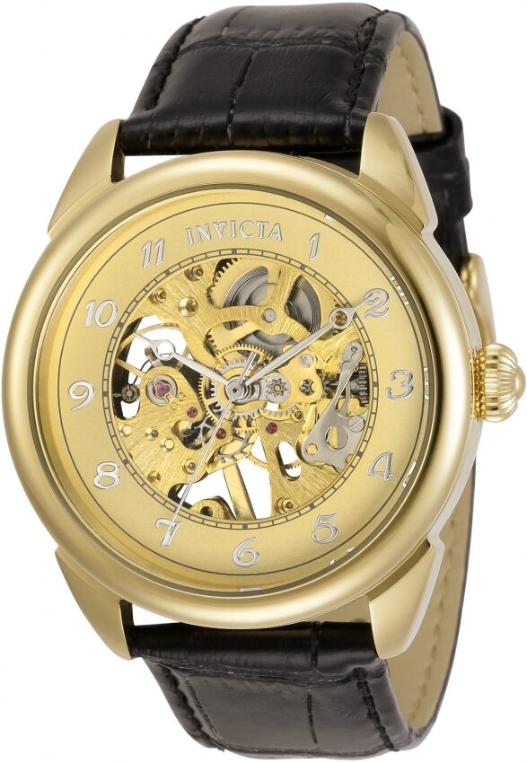 Invicta Specialty Mechanical Gold Dial Black Leather Men's Watch #31306 - Watches of America