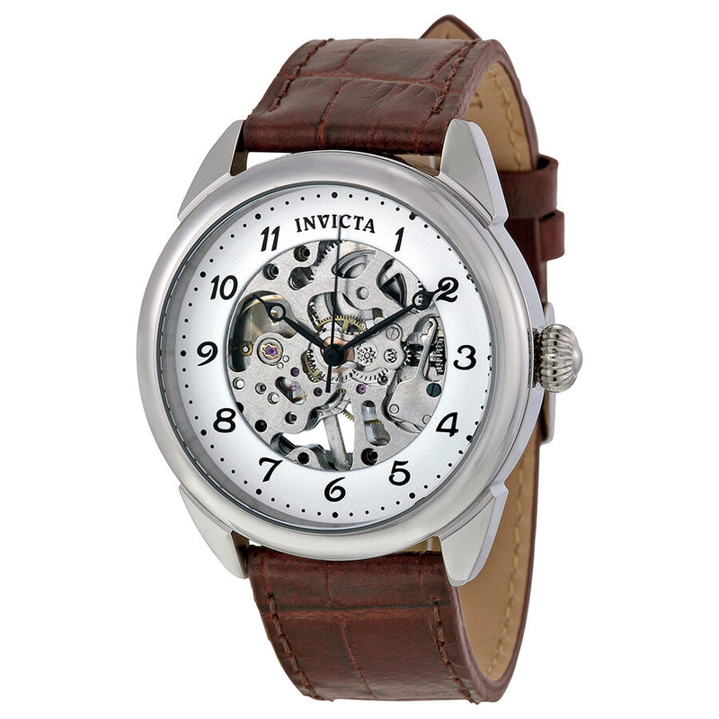 Invicta Specialty Silver Skeleton Dial Brown Leather Men's Watch #17187 - Watches of America