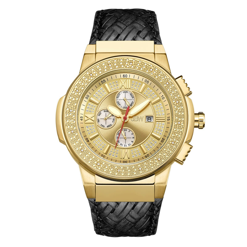 JBW Saxon Crystal Gold Dial Black Leather Men's Watch #JB-6101L-J - Watches of America