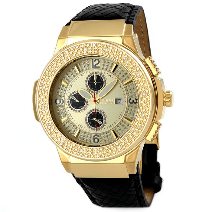 JBW Saxon Gold Dial Diamond Gold-tone Black Leather Watch Men's Watch #JB-6101L-D - Watches of America