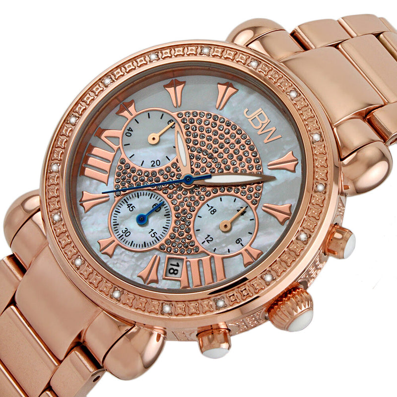 JBW Victory Chronograph Mother of Pearl Dial Rose Gold Plated Diamond Ladies Watch JB 6210 K Watches of America