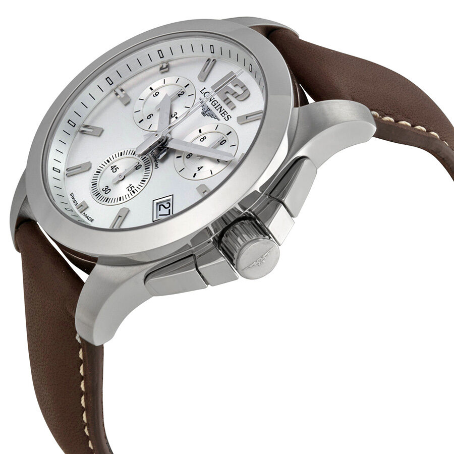 Longines Conquest Chronograph Silver Dial Brown Leather Men s