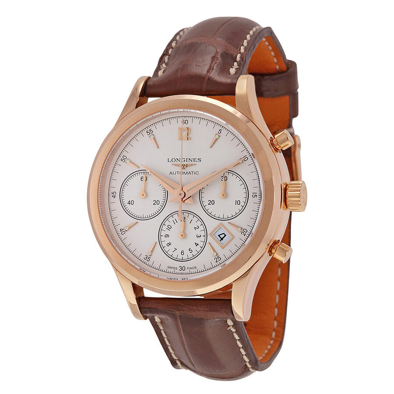 Longines Heritage Automatic Chronogaph Silver Dial 18kt Rose Gold Brown Leather Men's #L2.750.8.76.2 - Watches of America